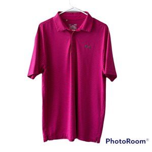 UA Pink-Gray Stripe Performance Golf Shirt- L